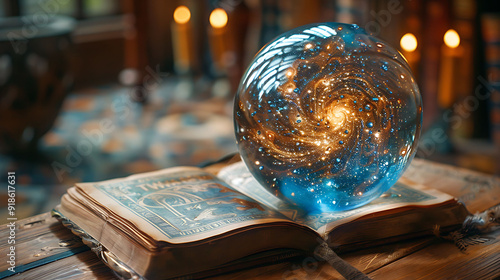 Crystal ball reflecting swirling images of future events The Book of Thoth lies open beside it providing context and interpretation to the divinatory visions photo