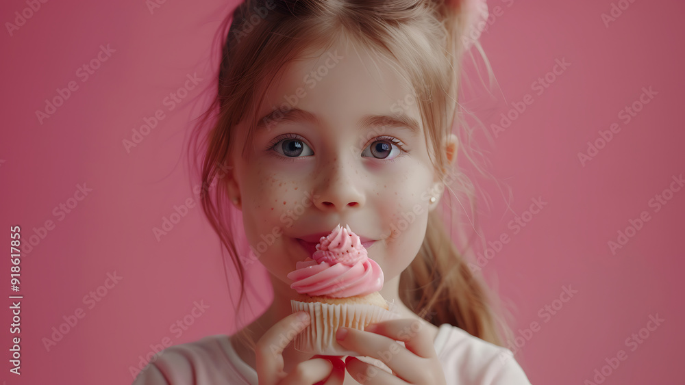 Young Girl Enjoying a Pink Cupcake in a Cheerful Setting Young Girl Enjoying a Pink Cupcake in a Cheerful Setting