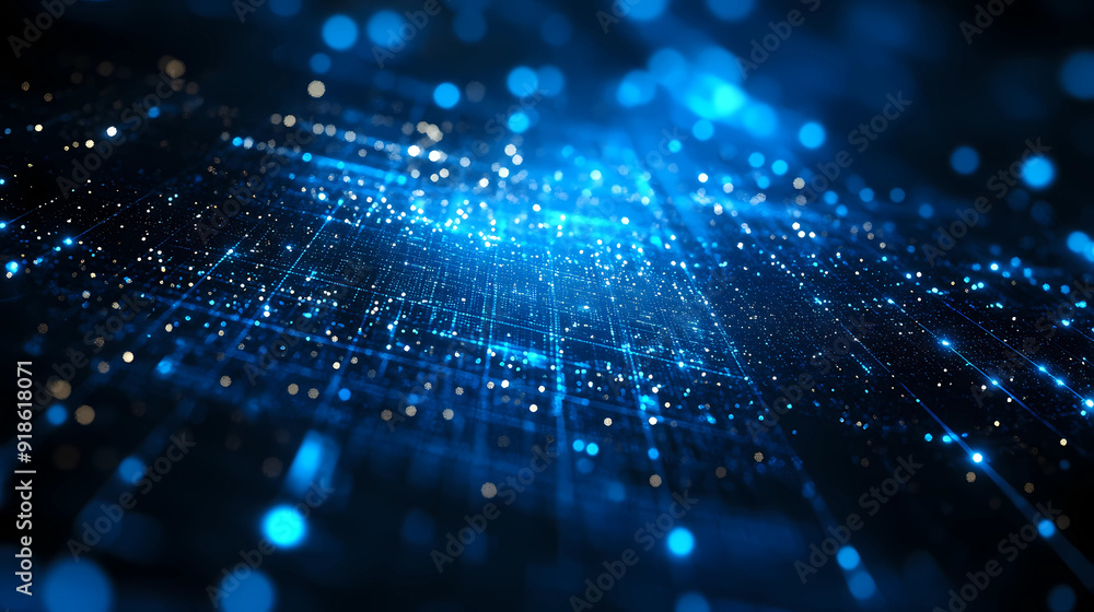 Fototapeta premium Depths of Digital Light: Abstract Blue Particles Creating Grids and Surfaces
