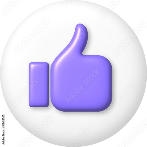 3d icon. Purple hand gesture thumb up on white button. PNG illustration.