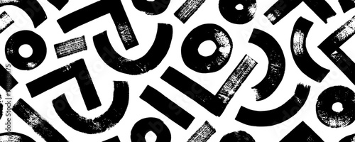 Abstract geometric seamless pattern with circles, curved thick lines and triangles. Hand drawn thick geometric brush strokes. Distressed texture of basic shapes, arches and straight strokes.