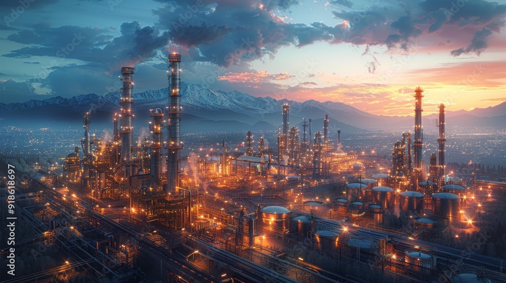 Industrial refinery at sunset with mountain backdrop - generative ai Industrial refinery at sunset with mountain backdrop - generative ai