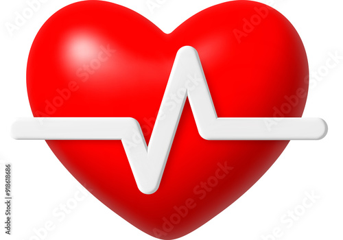 3d icon. Red heart with white pulse line. PNG illustration.