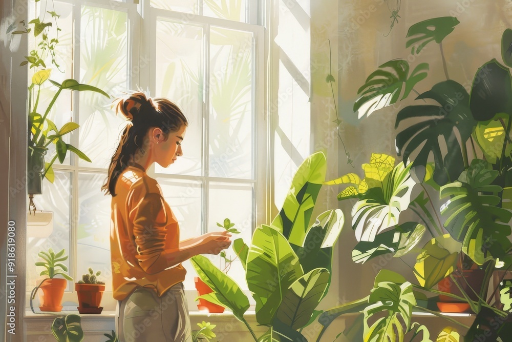 Woman lovingly tending her indoor plants in bright sunlit room Woman lovingly tending her indoor plants in bright sunlit room