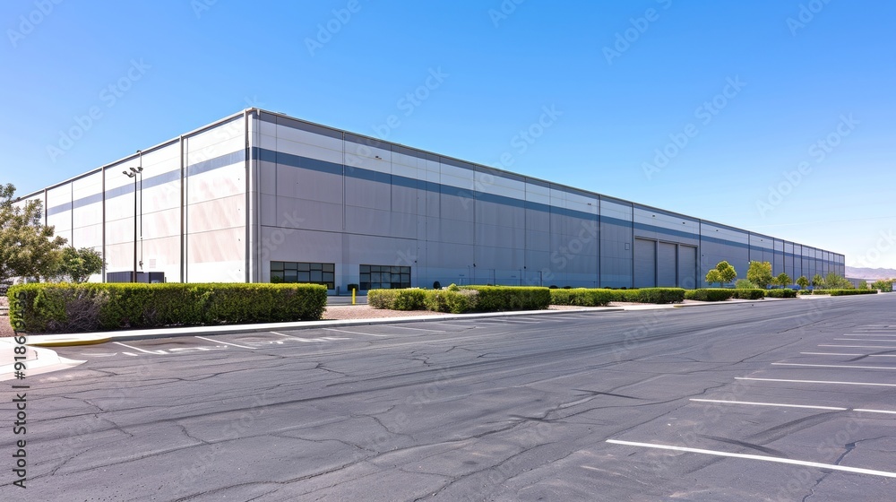 Obraz premium Vast Warehouse Space Empty Parking Lot with Blue Sky Background Industrial Stock Photo