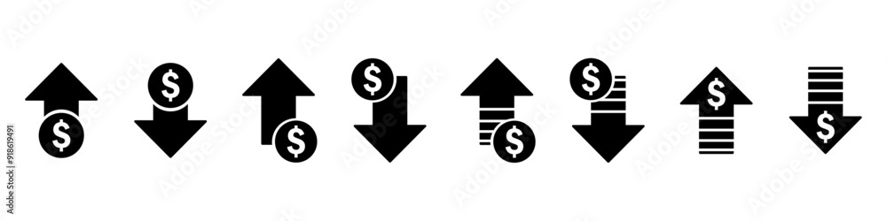 Earning Money increase decrease black icon with arrow symbol profit and loss vector icon illustration cost rising revenue business icome up down coin crisis price dolar sign analysis Earning Money increase decrease black icon with arrow symbol profit and loss vector icon illustration cost rising revenue business icome up down coin crisis price dolar sign analysis