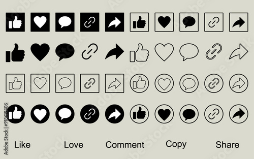 Like comment copy share love icon button set social midea notification icons facebook thumb up flat icon website communication reaction emotion feedback reply user interface vector icons photo