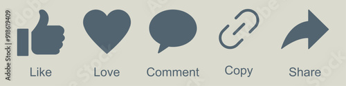 Like comment copy share love icon button set social midea notification icons facebook thumb up flat icon website communication reaction emotion feedback reply user interface vector icons