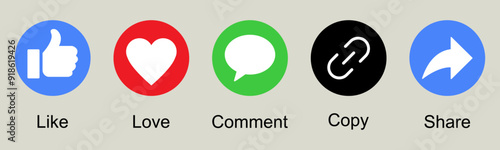 Like comment copy share love colorful icon button set social media notification icons facebook thumb up flat icon website communication reaction emotion feedback reply user interface vector icons