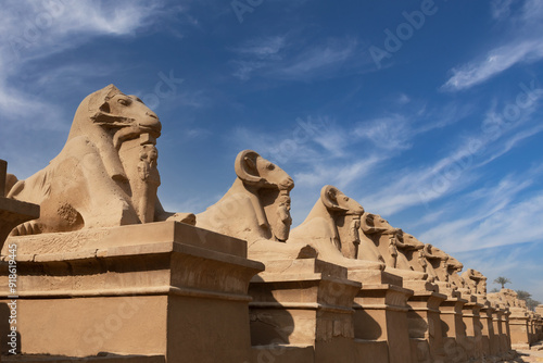 Sphinxes with Ram heads at the entrance of Temple Amun Karnak .Luxor . Egypt .