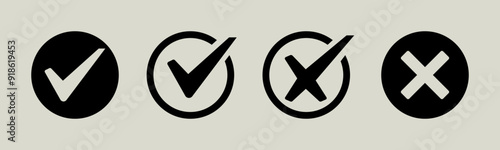 tick mark icon button set check box correct right wrong black buttons yes or no checkmark red cross green tick vector illustration positive negative remove error true false