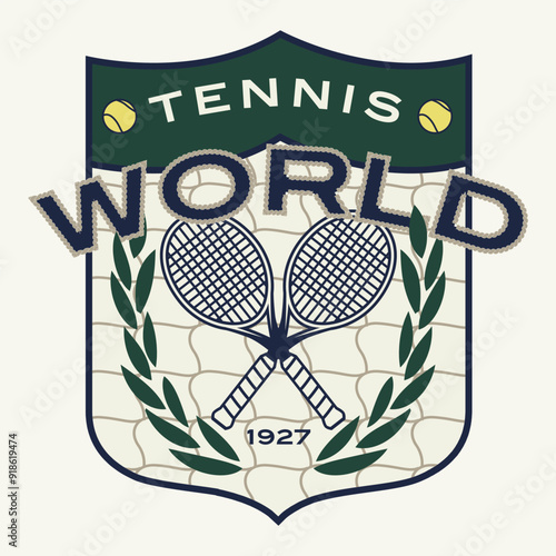 logo slogan graphic, shield tennis, retro tennis with racket, ball and laurel. city new york, Country club summer SS24 tennis crest sport