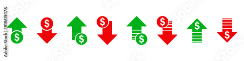 Earning Money increase decrease icon with arrow symbol profit and loss vector icon illustration cost rising revenue business icome up down coin crisis price dolar sign analysis red green black icons