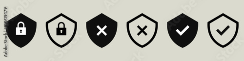 Shield icon lock privacy icon symbol security protection check mark tick sign firewall private valid unvalid secure vector icon illustration defance access locked computer account denied