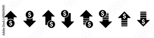 Earning Money increase decrease black icon with arrow symbol profit and loss vector icon illustration cost rising revenue business icome up down coin crisis price dolar sign analysis
