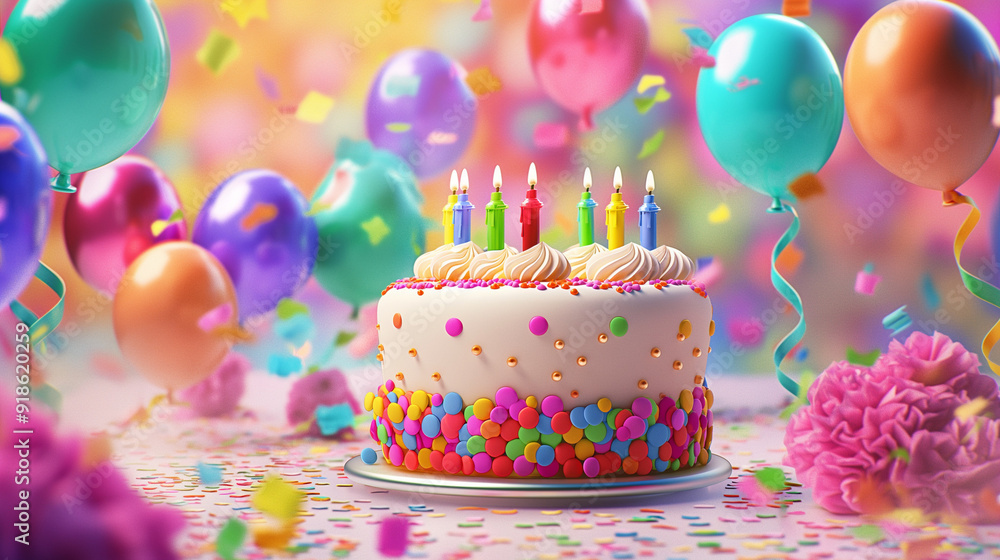 Happy Birthday illustration a beautifully decorated cake as the centerpiece, surrounded by floating balloons, colorful confetti, and blooming flowers. For festive celebrations and greeting cards.
Happy Birthday illustration a beautifully decorated cake as the centerpiece, surrounded by floating balloons, colorful confetti, and blooming flowers. For festive celebrations and greeting cards.