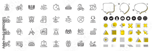 Set of Diploma, Leadership and Timer line icons for web app. Design elements, Social media icons. Reward, Cardio bike, Quiz icons. Fitness, Winner, Success signs. Vector