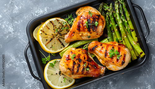 Chicken grill with lemon and asparagus in black tray