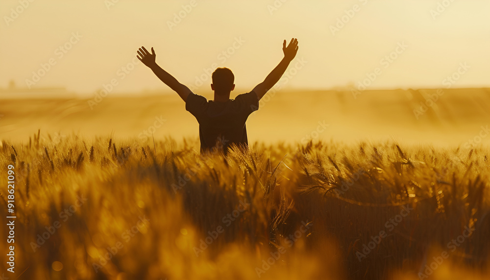 Silhouette of Man with hands up standing in wheat field. Beautiful Nature Sunset Landscape. Rural Scenery under Shining Sunlight. Background of ripening ears of wheat field. Rich harvest Concept Silhouette of Man with hands up standing in wheat field. Beautiful Nature Sunset Landscape. Rural Scenery under Shining Sunlight. Background of ripening ears of wheat field. Rich harvest Concept