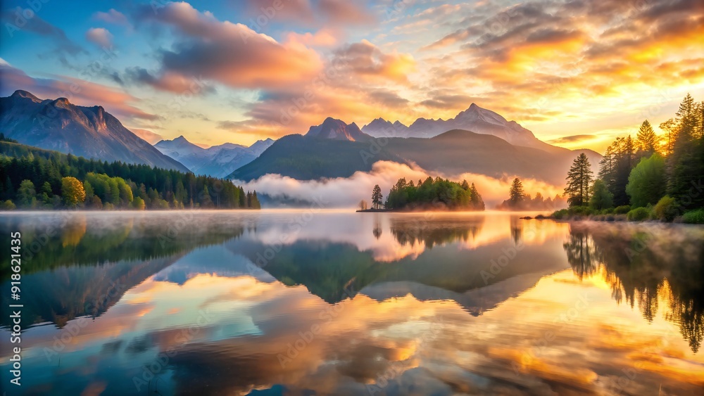 Fototapeta premium This image showcases a breathtaking mountain landscape at sunrise, with the sun's golden light illuminating the scene. The calm lake mirrors the surrounding mountains, trees, and sky, creating a stunn