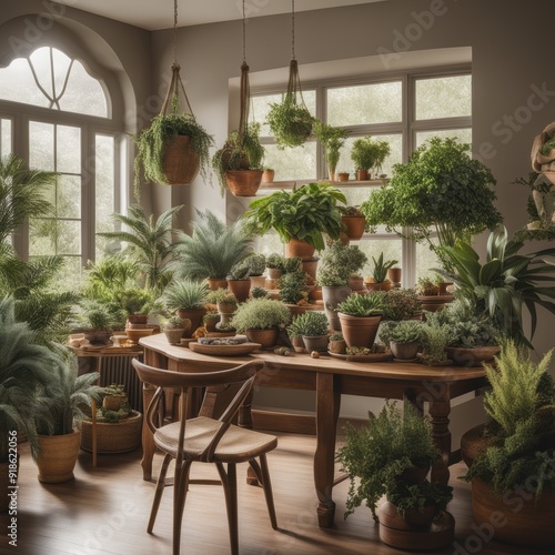 A greenhouse-like room with potted plants on a central table surrounded by wooden interior and seating area near a window.