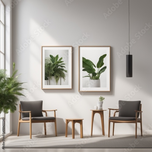 Modern living room with two framed plant pictures and a floor lamp accompanied by gray armchairs and a small round table.