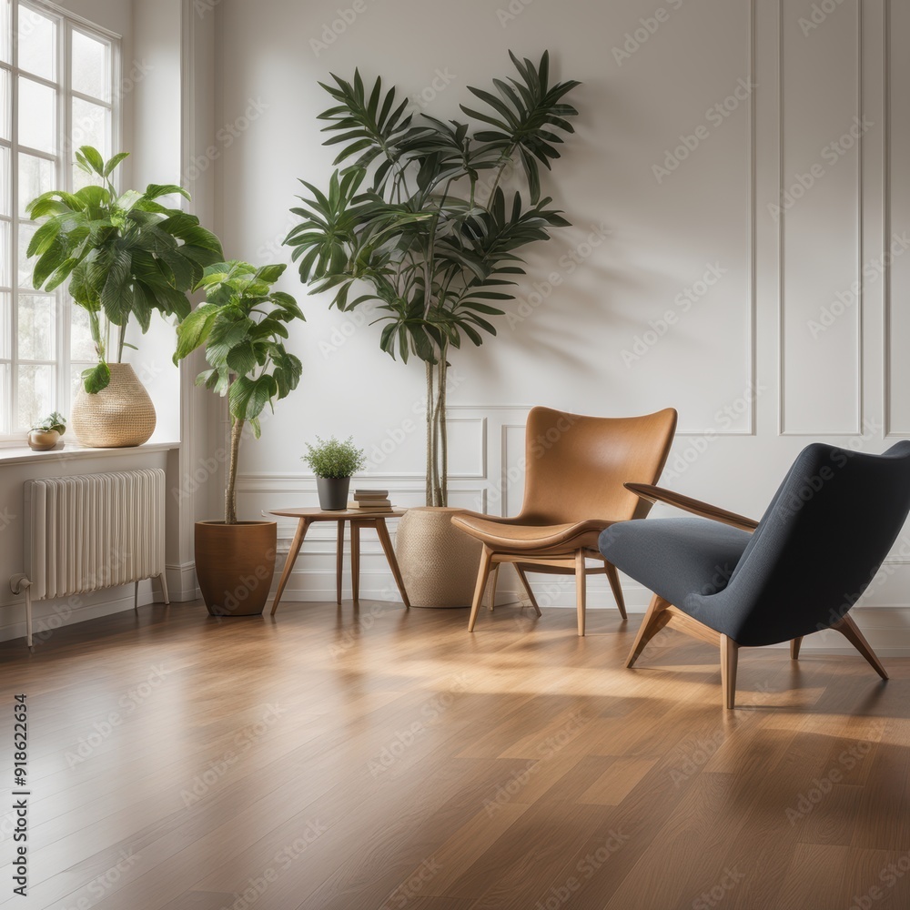 Minimalist living room with chair bench-like sofa potted plants wooden flooring and radiator on wood-paneled wall. Minimalist living room with chair bench-like sofa potted plants wooden flooring and radiator on wood-paneled wall.
