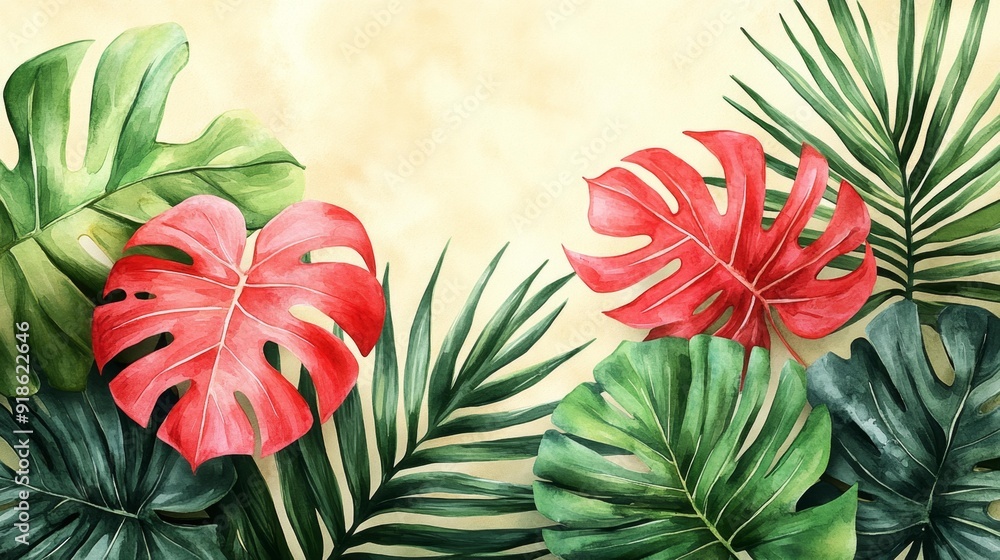 Naklejka premium Watercolor tropical leaves - generative ai