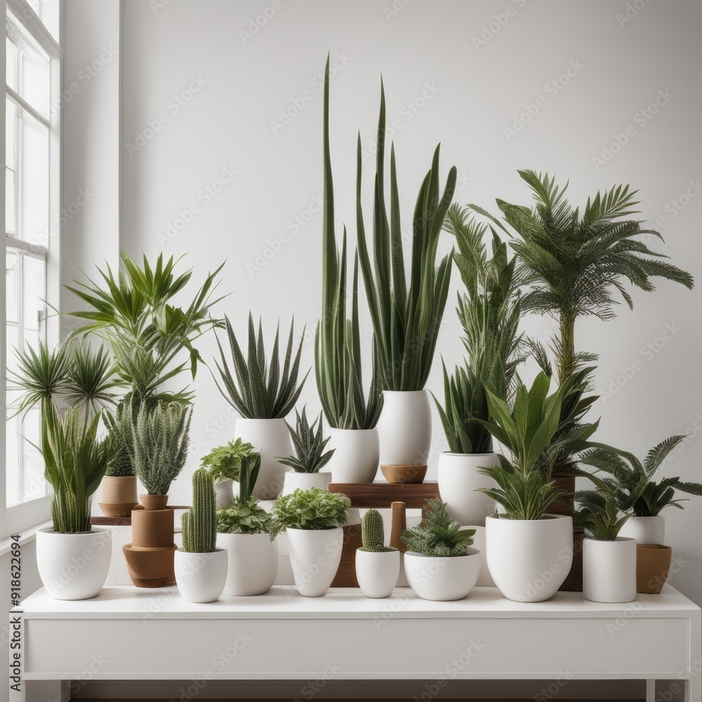 Collection of modern potted cacti arranged on a white surface. Collection of modern potted cacti arranged on a white surface.