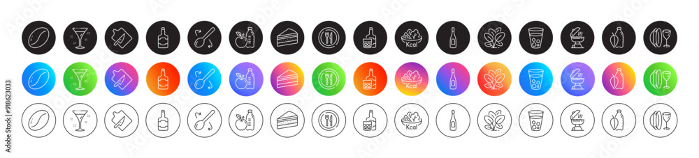 Salad, Whiskey glass and Whiskey bottle line icons. Round icon gradient buttons. Pack of Cutting board, Coffee beans, Food icon. Cocktail, Champagne, Grill pictogram. Vector Salad, Whiskey glass and Whiskey bottle line icons. Round icon gradient buttons. Pack of Cutting board, Coffee beans, Food icon. Cocktail, Champagne, Grill pictogram. Vector