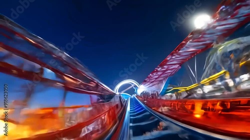 Thrilling roller coaster experience at an amusement park on a sunny day