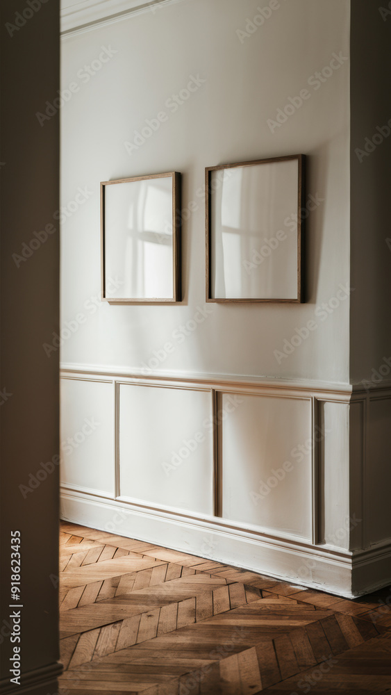 Fototapeta premium Two framed pictures on a wall in an empty room, AI