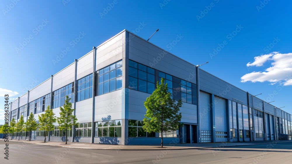 Obraz premium Nature's Harmony Modern Warehouse with Serene Treelined Exterior Stunning HighResolution Image