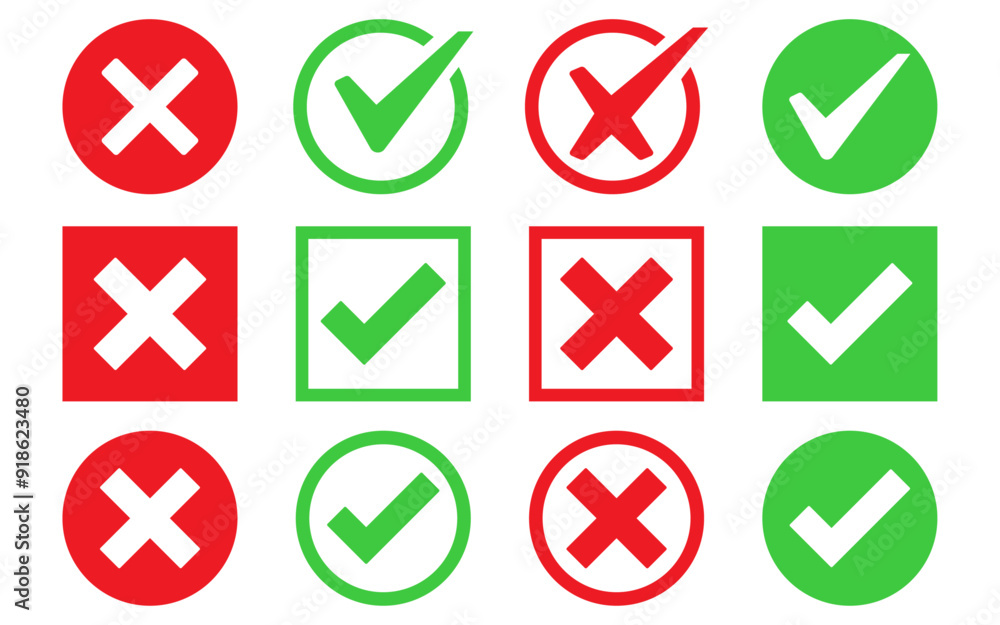 Check box tick mark icon set button correct right wrong buttons or yes or no checkmark red cross green tick vector illustration Check box tick mark icon set button correct right wrong buttons or yes or no checkmark red cross green tick vector illustration