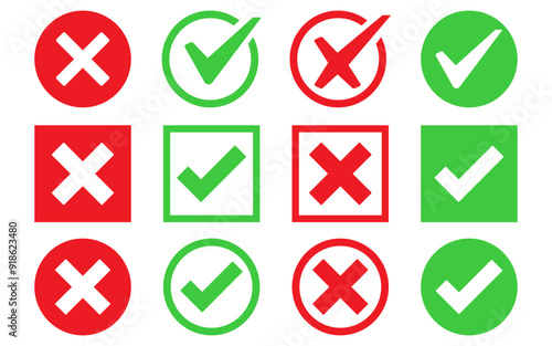 Check box tick mark icon set button correct right wrong buttons or yes or no checkmark red cross green tick vector illustration