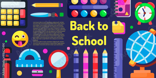 Back to school card, background. School banner. Simple flat style education icons, symbols.