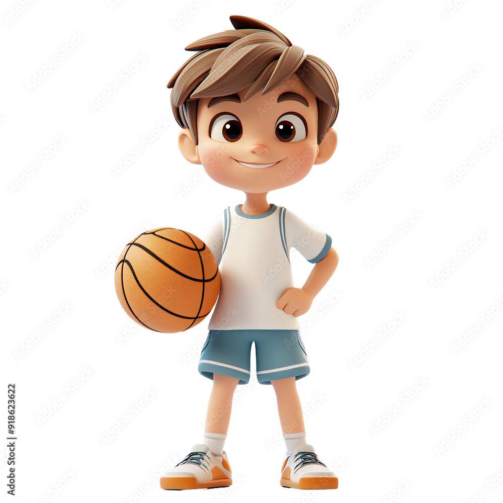 Smiling Young Male Athlete with Basketball in 3D Cartoon Style on White Background - Creative Sports Photography Concept Smiling Young Male Athlete with Basketball in 3D Cartoon Style on White Background - Creative Sports Photography Concept