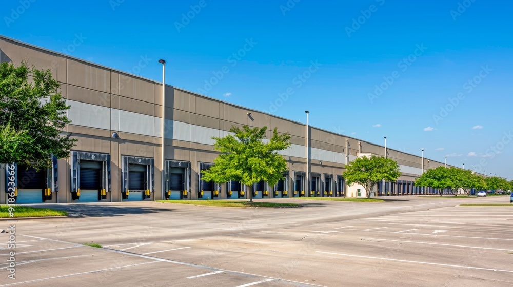 Obraz premium Modern Industrial Warehouse with Loading Docks and Greenery Aerial View of Efficient Logistics Hub with Trees and Blue Sky HighQuality Image