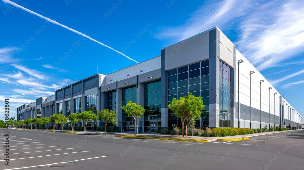 Urban Oasis Warehouse with Reflective Walls and Lush Trees under a Clear Blue Sky High Resolution Urban Oasis Warehouse with Reflective Walls and Lush Trees under a Clear Blue Sky High Resolution