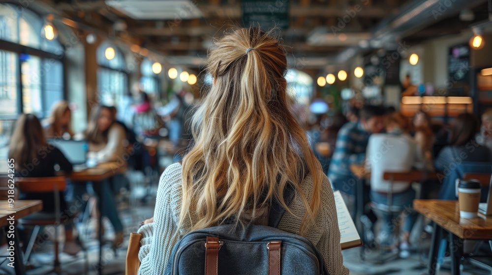 A young woman with long blonde hair and wearing an elegant sweater is studying at a table surrounded by other students A young woman with long blonde hair and wearing an elegant sweater is studying at a table surrounded by other students