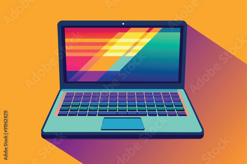 Laptop mockup with colorful keywords, vertical design for advertisement, Open laptop showing a blank pale blue screen
