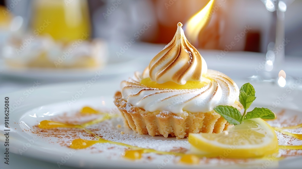 Delicious lemon tart featuring a rich buttery crust, tangy lemon filling, and torched meringue, served on a pristine white dessert plate, perfect for food photography and gourmet cuisine lovers Delicious lemon tart featuring a rich buttery crust, tangy lemon filling, and torched meringue, served on a pristine white dessert plate, perfect for food photography and gourmet cuisine lovers