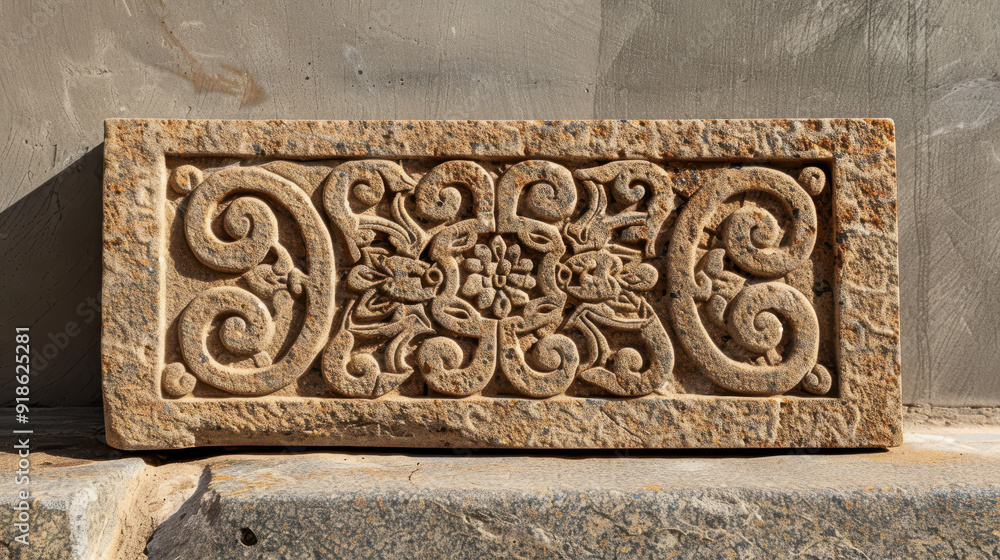 Ancient stone sign plate with intricate carvings, cut out and placed against a plain backdrop Ancient stone sign plate with intricate carvings, cut out and placed against a plain backdrop