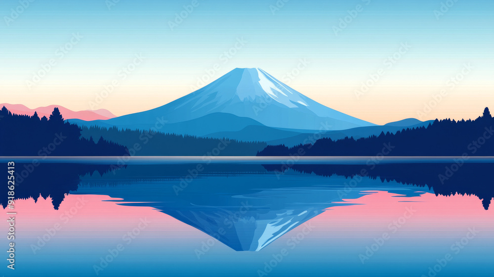 A flat vector illustration of Mount Fuji with its reflection in the lake A flat vector illustration of Mount Fuji with its reflection in the lake