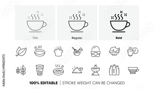 Cooking whisk, Coffee break and Frying pan line icons. Pack of Seafood, Coffee cup, Gluten free icon. Water bottles, Ice tea, Grill pictogram. Ice cream, Cooking hat, Mocha. Mint leaves. Vector