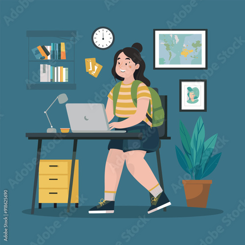 a drawing of a student girl and a backpack