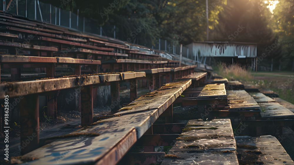 A large empty stadium with wooden benches and a few chairs A large empty stadium with wooden benches and a few chairs