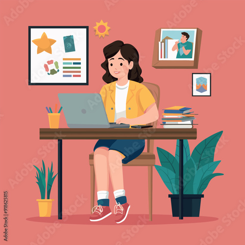 a drawing of a student girl and a backpack