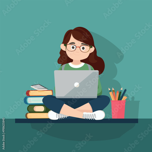 a drawing of a student girl and a backpack