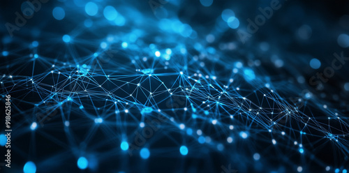A background network of interconnected blue nodes and lines representing the digital capabilities and technologies of artificial intelligence and neural networks 